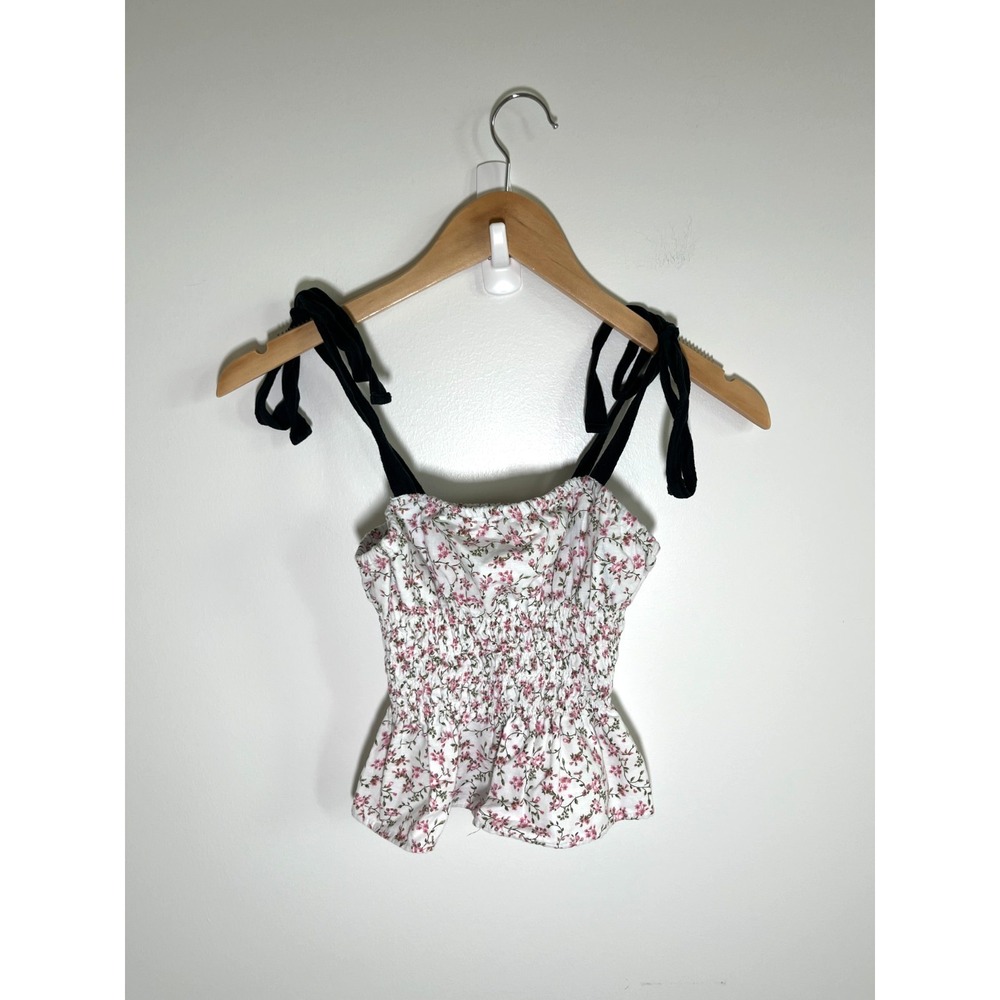 Coquette Forest Fairy Smocked Peplum Womens Top S Pink Floral Vacation